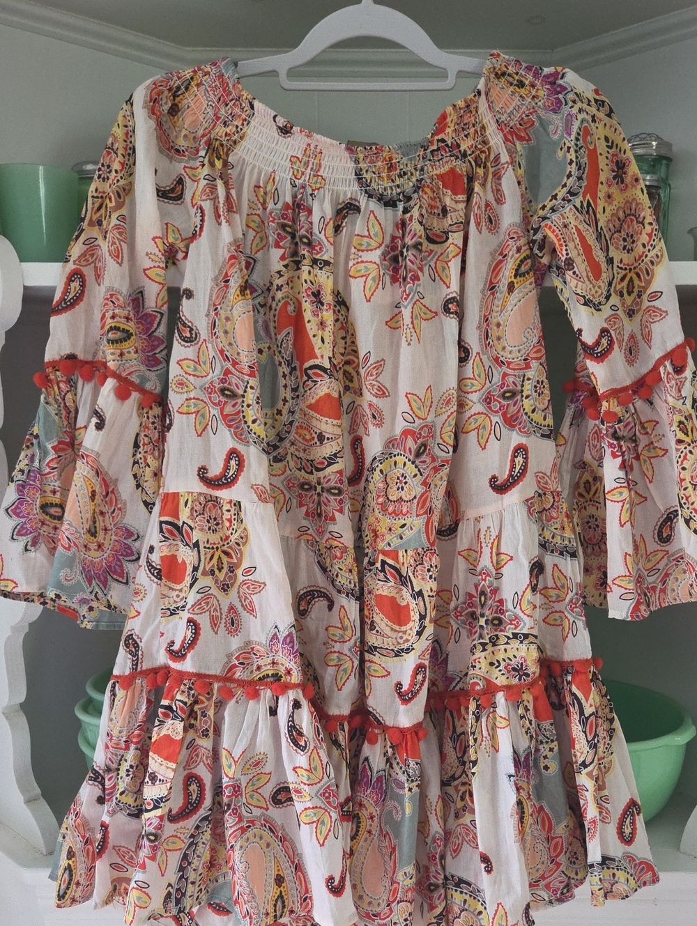 Off-Shoulder Paisley Tiered Sundress - White with Orange & Pink